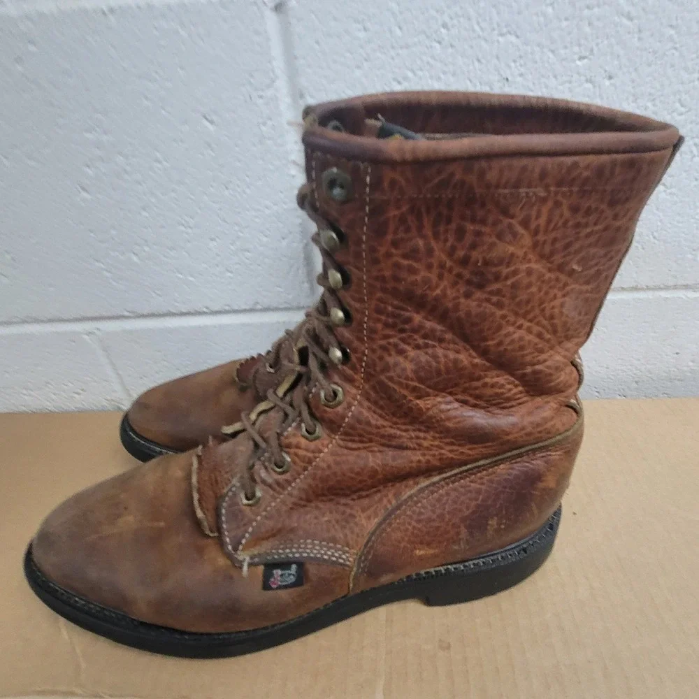 Justin Workboots Mens 10 EE Brown Leather Lace Up Double Comfort 762 USA Made